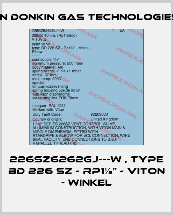 Bryan Donkin Gas Technologies Ltd.-226SZ6262GJ---W , type BD 226 SZ - Rp1½" - Viton - Winkelprice