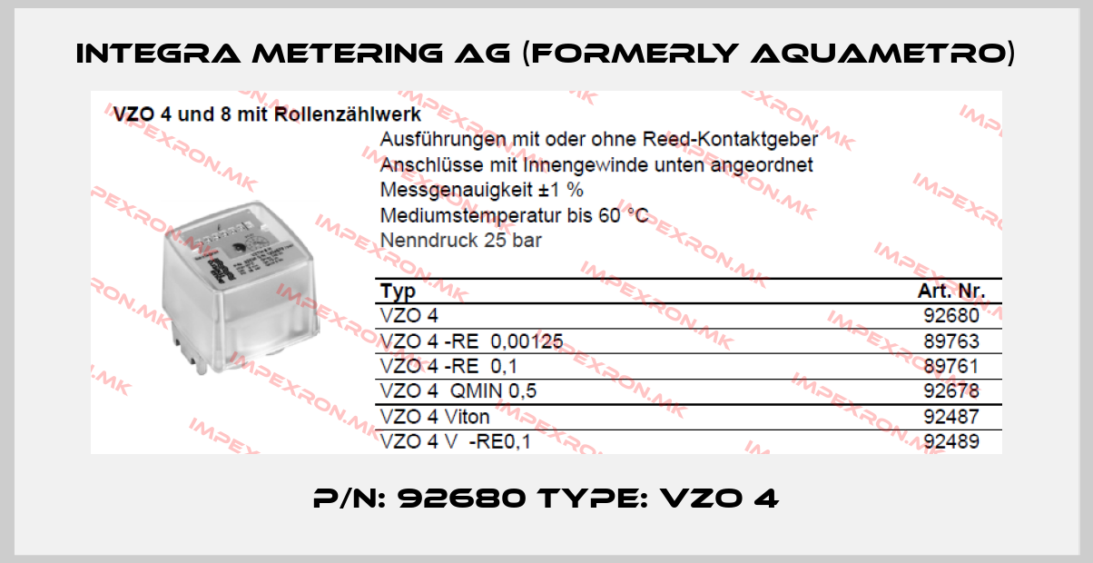Integra Metering AG (formerly Aquametro)-P/N: 92680 Type: VZO 4price