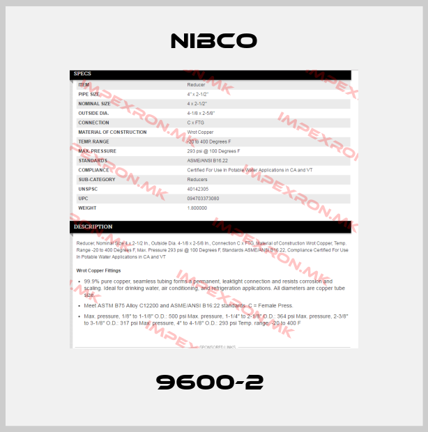 Nibco- 9600-2 price