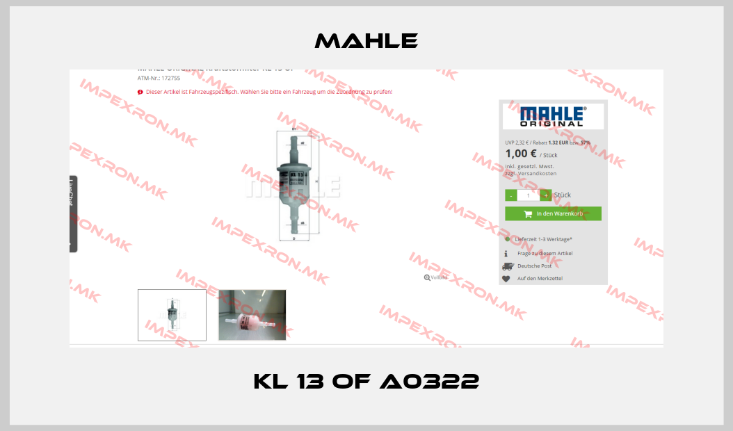 MAHLE-KL 13 OF A0322price
