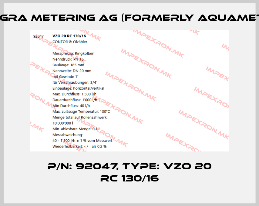 Integra Metering AG (formerly Aquametro)-P/N: 92047, Type: VZO 20 RC 130/16price