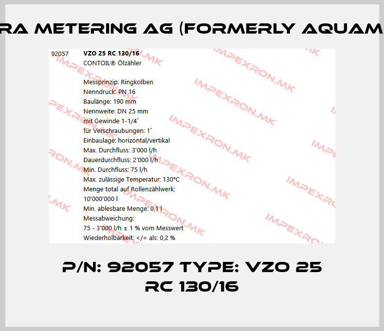 Integra Metering AG (formerly Aquametro)-P/N: 92057 Type: VZO 25 RC 130/16price