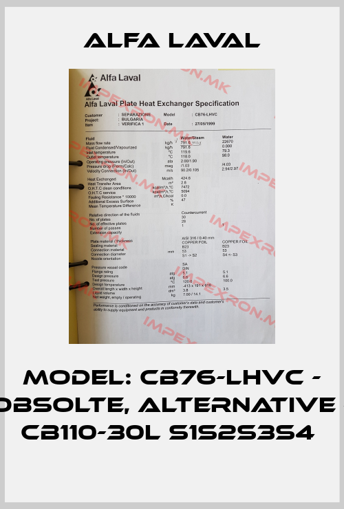 Alfa Laval-Model: CB76-LHVC - obsolte, alternative - CB110-30L S1S2S3S4 price