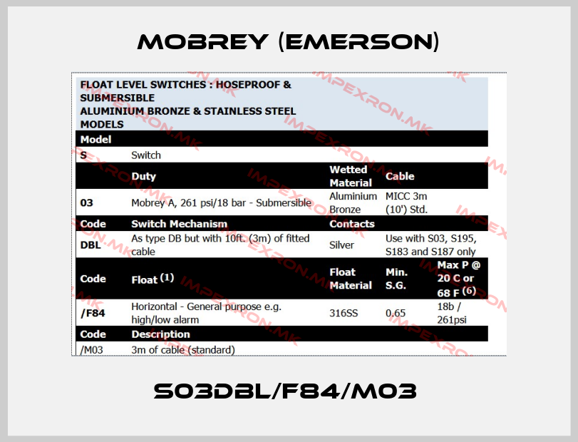 Mobrey (Emerson)-S03DBL/F84/M03 price