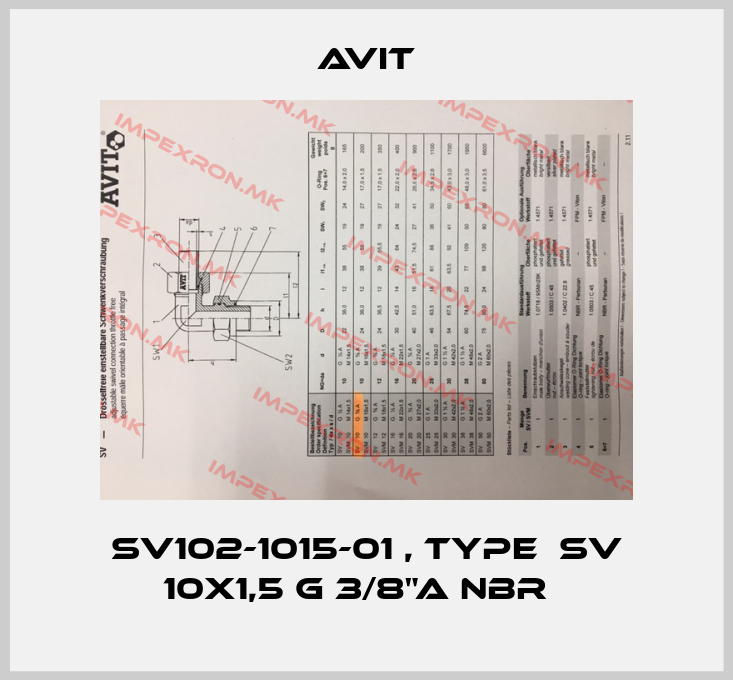 Avit-SV102-1015-01 , type  SV 10x1,5 G 3/8"A NBR  price