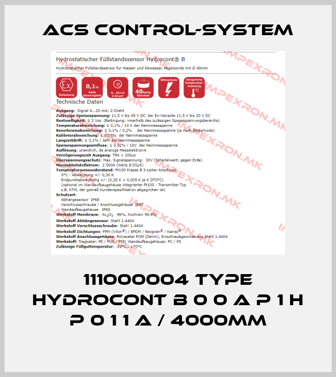 Acs Control-System-111000004 Type Hydrocont B 0 0 A P 1 H P 0 1 1 A / 4000mmprice