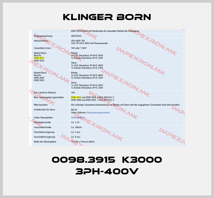 Klinger Born-0098.3915  K3000 3Ph-400Vprice