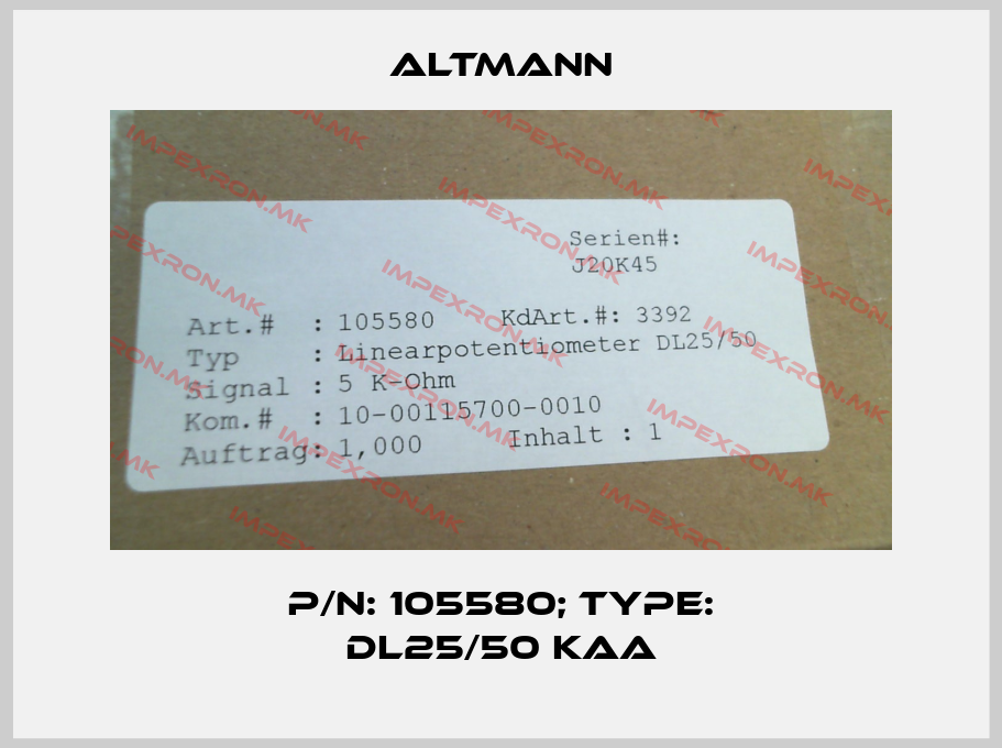 ALTMANN-P/N: 105580; Type: DL25/50 Kaaprice