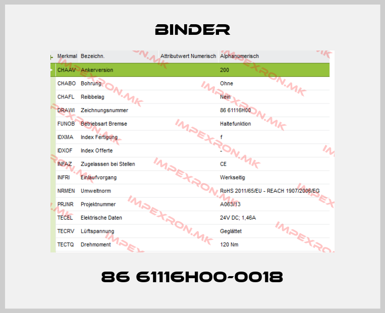 Binder-86 61116H00-0018price