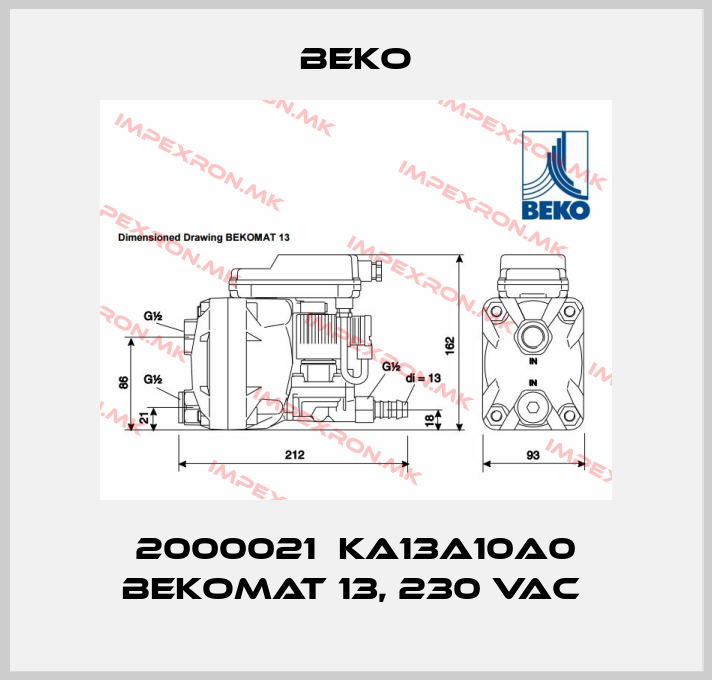 Beko-2000021  KA13A10A0 BEKOMAT 13, 230 VAC price